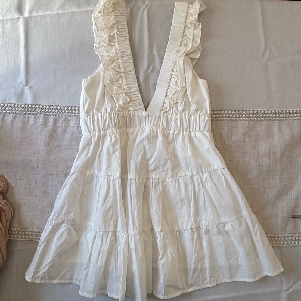 Ruffled Deep V White Mini Dress